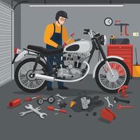 Mechanic repairing a motorcycle in a well-equipped garage workshop setting vector