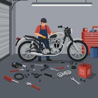 Mechanic working on motorcycle with tools and parts in a garage setting vector