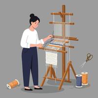 Woman weaving fabric on a loom with colorful threads and scissors nearby vector