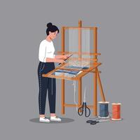 Woman weaving at a loom with colorful threads and scissors nearby vector