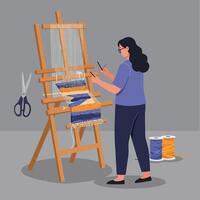 Woman weaving fabric on a loom with colorful threads and scissors nearby dacv vector