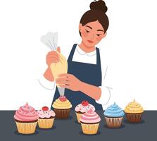 Woman decorating cupcakes with icing and toppings in a bakery setting vector