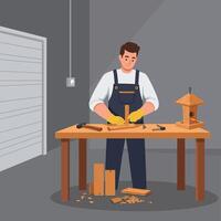Craftsman assembling wooden birdhouse with tools on a workbench in workshop vector