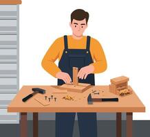 Craftsman assembling wooden pieces with tools on a workbench in a workshop vector