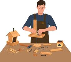 Craftsman using tools to build a wooden birdhouse in a workshop setting vector