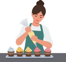 Woman decorating colorful cupcakes with frosting using a piping bag in a bakery acf vector