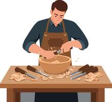 A skilled craftsman shaping wood with tools at a workshop table vector