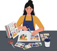 Woman crafting with scissors and colorful papers on a table filled with designs vector