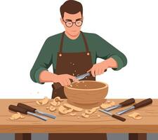 Skilled craftsman shaping wood with tools in a workshop setting surrounded by shavings vector