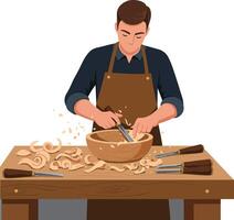 Man carving a wooden bowl while shavings scatter across the workbench vector