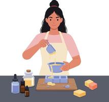 Woman measuring and pouring ingredients for soap making in a workshop setting vector