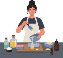 Person mixing ingredients in a bowl while preparing homemade soap in a workshop setting vector