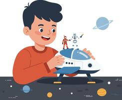 Young boy joyfully playing with a spaceship toy and astronaut figures in space scene vector