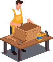Craftsman assembling a wooden box with tools on a workbench in a workshop vector