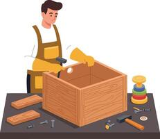 Carpenter constructing a wooden box using tools on a workbench with colorful items vector