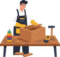 Craftsman working on a wooden box at a workshop table with tools and materials vector