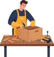 Skilled carpenter assembling a wooden box with tools on a workbench vector