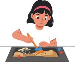 Child excavating dinosaur skeleton in sand using brush and tools for discovery vector
