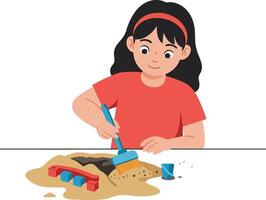 Young girl playing with sand and colorful blocks on a table surface vector
