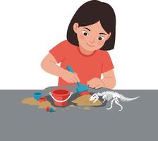 Child excavating dinosaur skeleton with tools and sand in playful learning activity vector