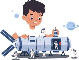Child constructs a spaceship model while astronauts explore a distant planet in space vector