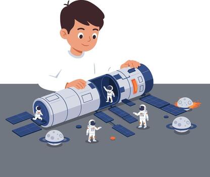 Child playing with a space-themed toy set featuring astronauts and spacecraft components vector