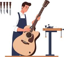 Guitar craftsman adjusting acoustic guitar with tools on workbench in workshop vector