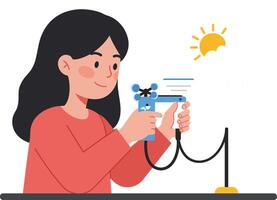 Young girl using a toy water gun in a sunny indoor setting vector