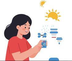 Young girl interacting with a smartphone weather application displaying various weather symbols vector