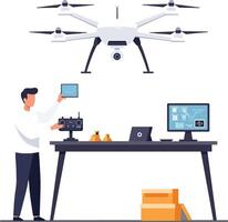 Professional man operating a drone while analyzing data on a computer screen vector