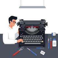 Man repairing vintage typewriter with tools on a clean workbench surface vector