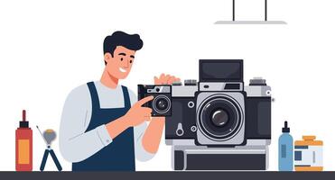 Young man adjusting camera in photography workshop with various tools and equipment vector