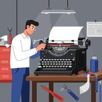 Man repairing vintage typewriter in workshop with tools and organized workspace vector