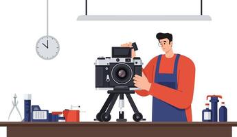 Man adjusting vintage camera in a photography workshop with various tools around vector