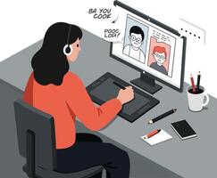 Artist working on digital tablet while chatting with two characters on screen vector
