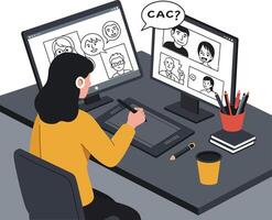 Digital artist creating illustrations while engaging in a conference call at their desk vector
