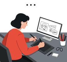 Designer creating digital illustration on tablet while analyzing sketches on computer screen vector