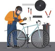 Mechanic repairing a bicycle in a workshop with tools and sparks flying vector