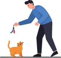 Young man playing with orange cat using colorful feather toy in living space vector