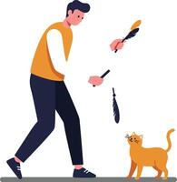 Man playing with cat using feather toy in a playful indoor setting vector