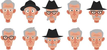 Sequence of elderly man expressions showcasing various emotions and accessories in cartoon style vector