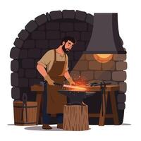 Blacksmith working in a forge with glowing metal in flat art vector