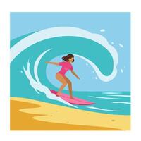 Surfer riding a wave in vibrant colors with minimal design art vector