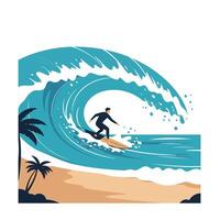 Surfer riding a large wave in a flat illustration style vector