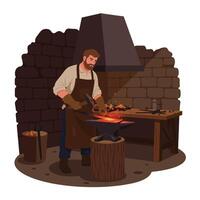 Blacksmith forging metal in a rustic workshop, flat design art vector