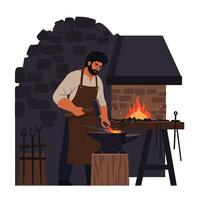 Blacksmith working at forge with flames in flat art style vector