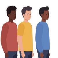 Group of three diverse men transitioning in colors and styles flat illustration vector