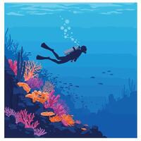 Underwater scene featuring a diver exploring colorful coral reefs in flat art vector