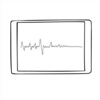 Heart rhythm line heart rate on tablet screen indicates the cardiac arrest black and white drawing illustration. Abstract element for emergency medical content, data analysis in medical tech vector