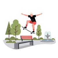Skateboarder jumping over a park bench in a flat illustration vector